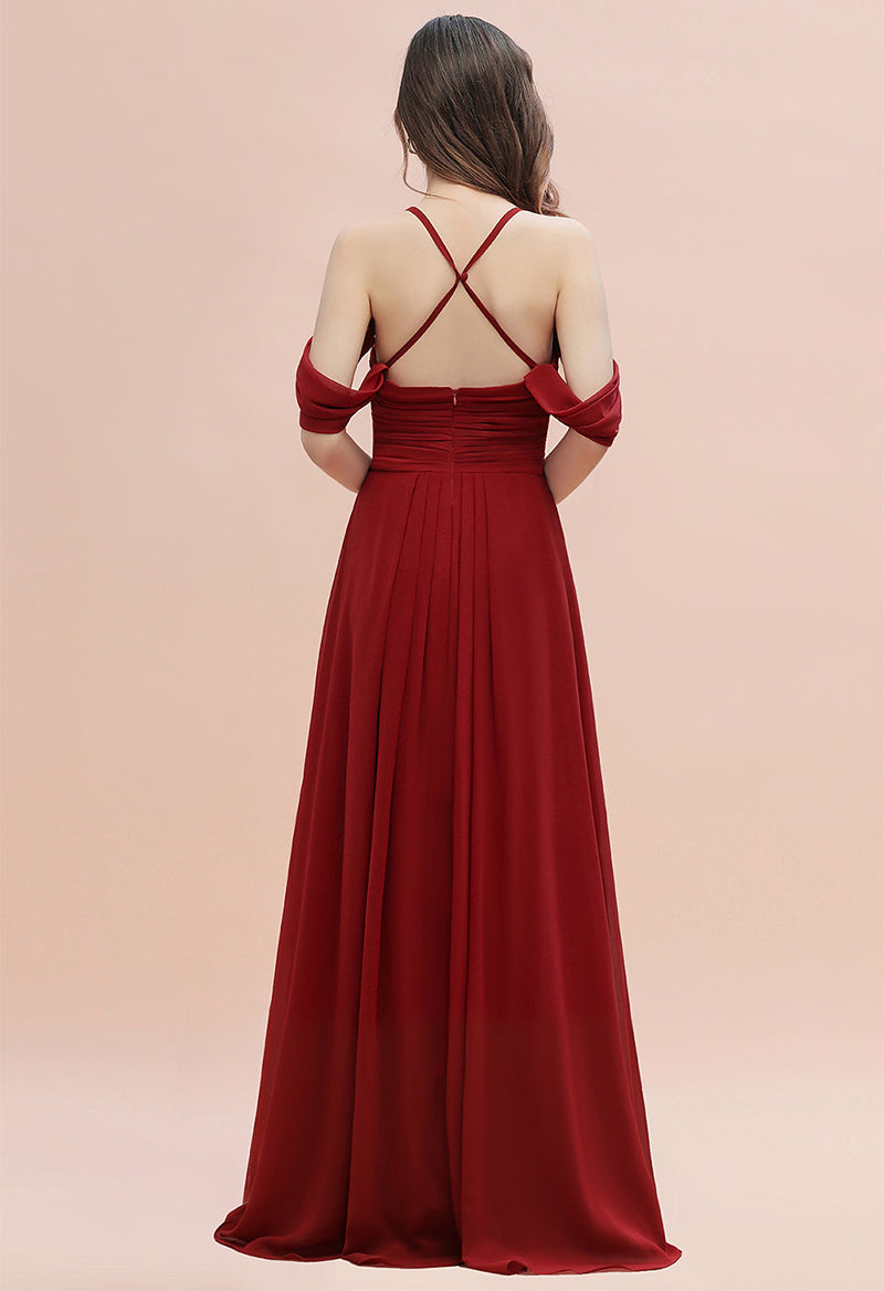 V-Neck Pleated Chiffon Fake Sleeves Cross A Line Floor Length Evening Dress