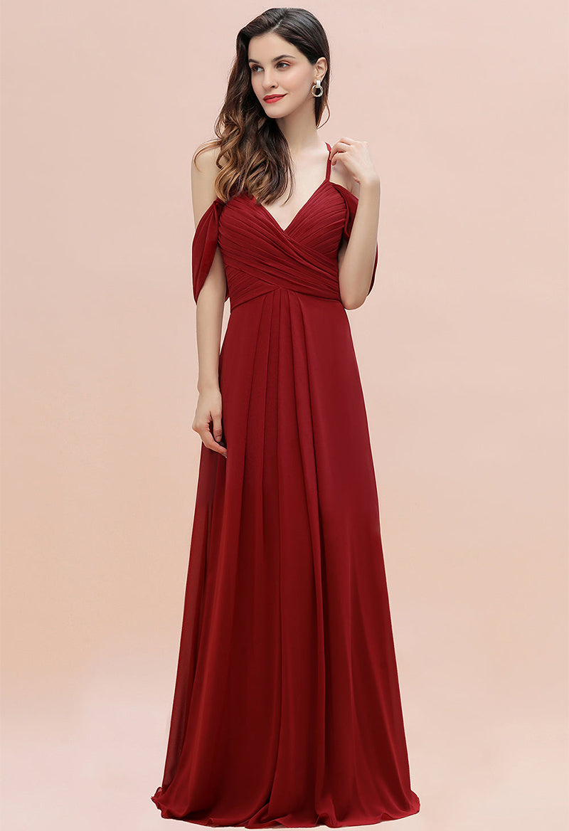 V-Neck Pleated Chiffon Fake Sleeves Cross A Line Floor Length Evening Dress