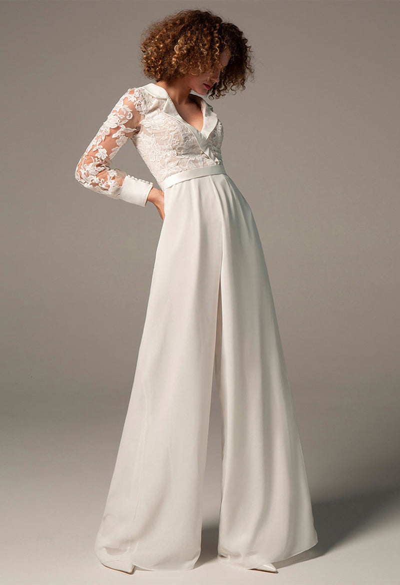 Lapel Long Sleeve Chiffon Wedding Jumpsuit