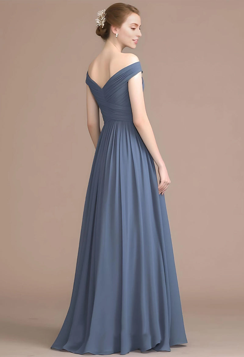 Off The Shoulder Chiffon Pleated A Line Floor Length Evening Dress