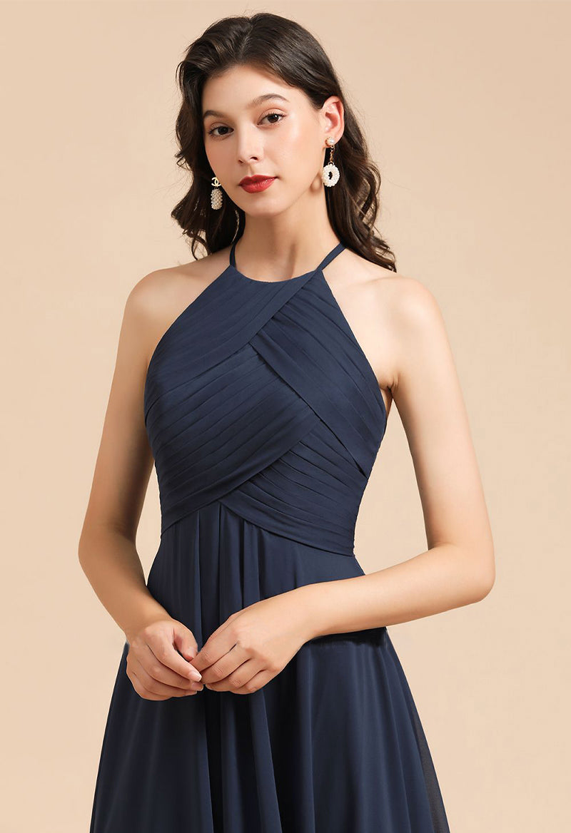 Halter Neck Ruched Chiffon Sleeveless A Line Floor Length Evening Dress