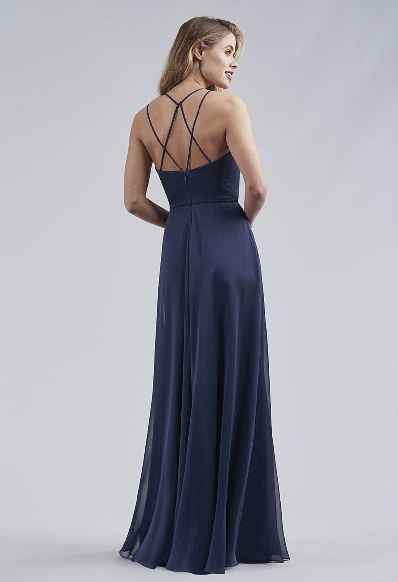 V Neck Sleeveless Tulle A Line Lace-Up Floor Length Bridesmaid Dress