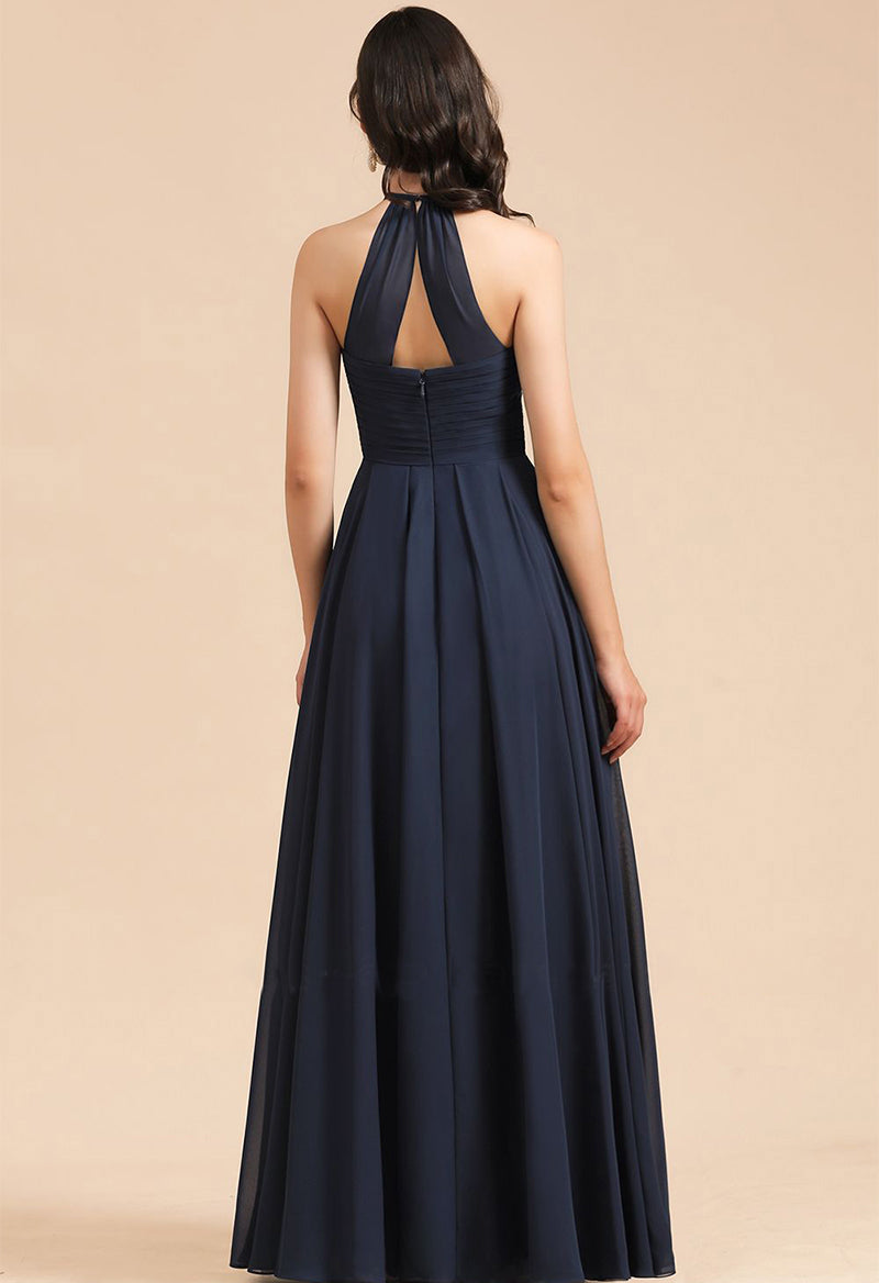 Halter Neck Ruched Chiffon Sleeveless A Line Floor Length Evening Dress