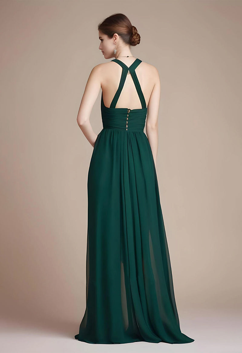 Designed Neck Sleeveless Backless A Line Chiffon Evening Dress