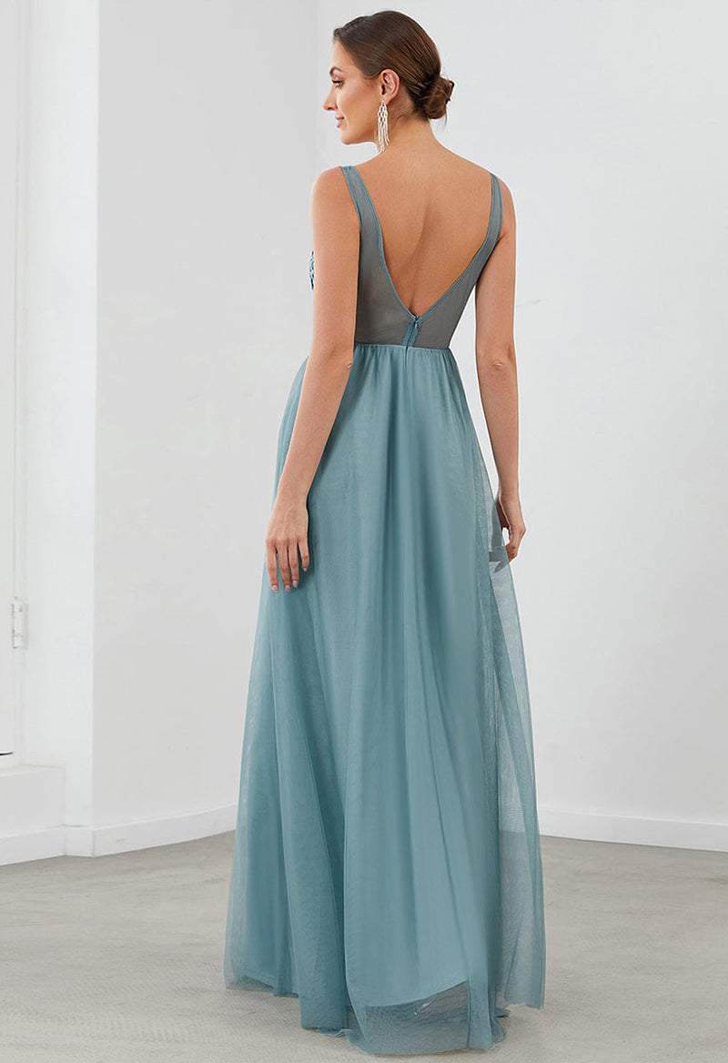 V Neck Sleeveless Tulle Appliqué A Line Floor Length Bridesmaid Dress