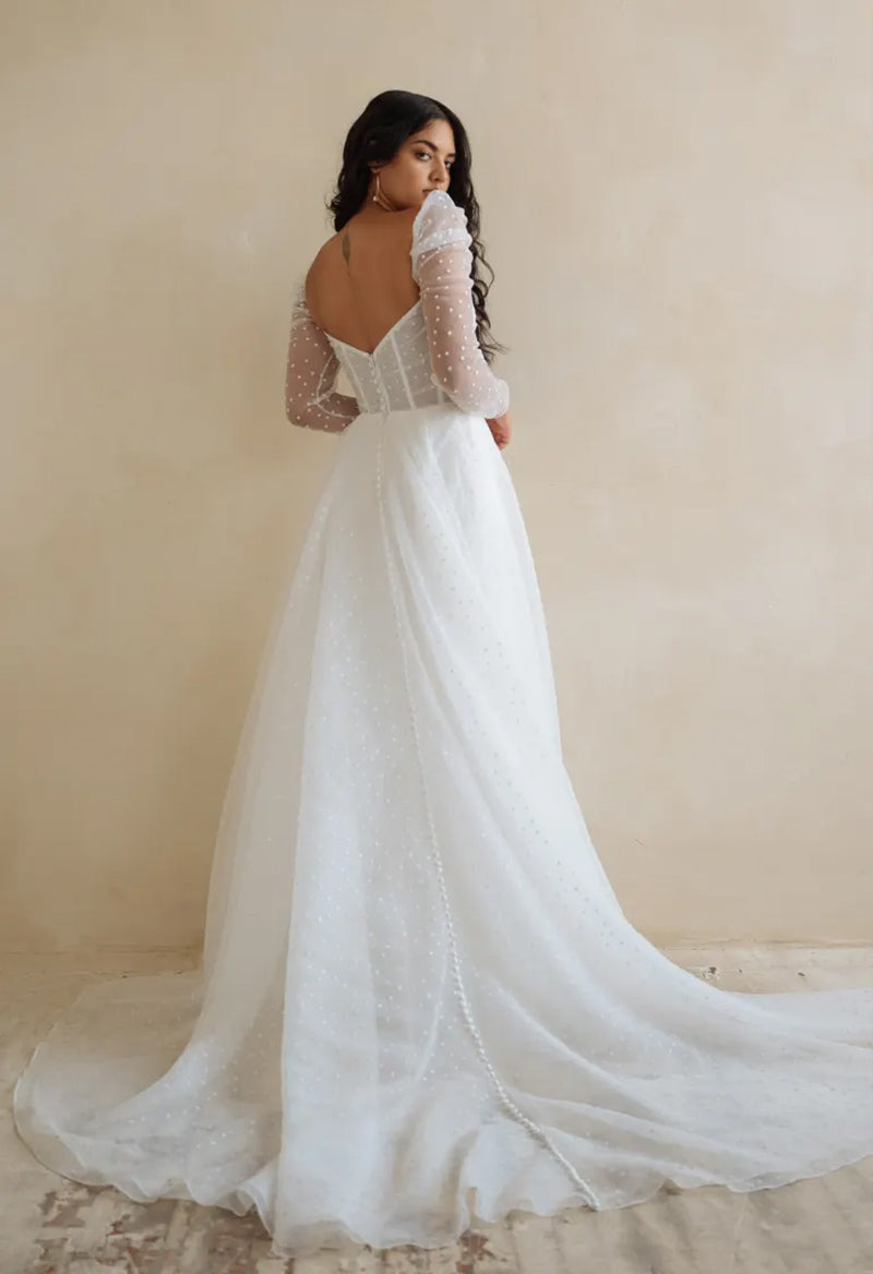 Square Neck Detachable Puff Sleeves Long Sleeves Tulle Beads Court Train Wedding Dress