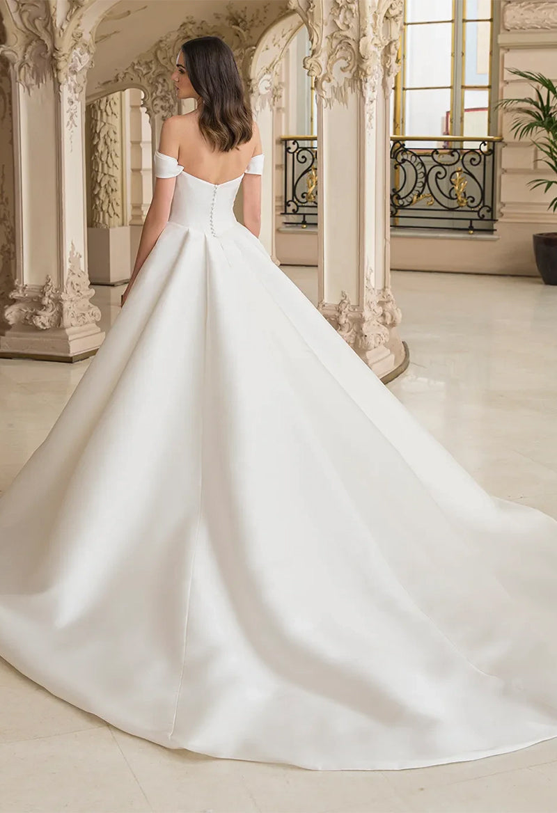 Detachable Sleeve Boat Neck Ball Gown Pocket Satin Wedding Dress