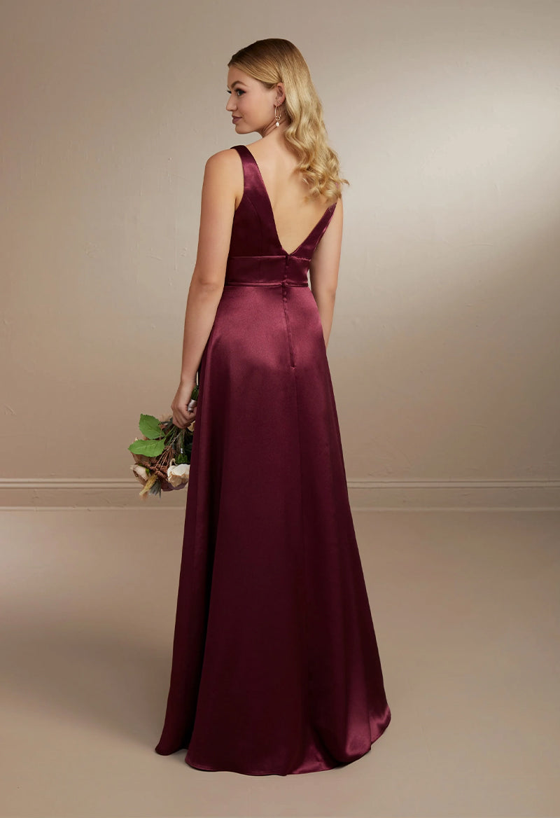 V Neck Sleeveless Slit Satin Floor Length Bridesmaid Dress