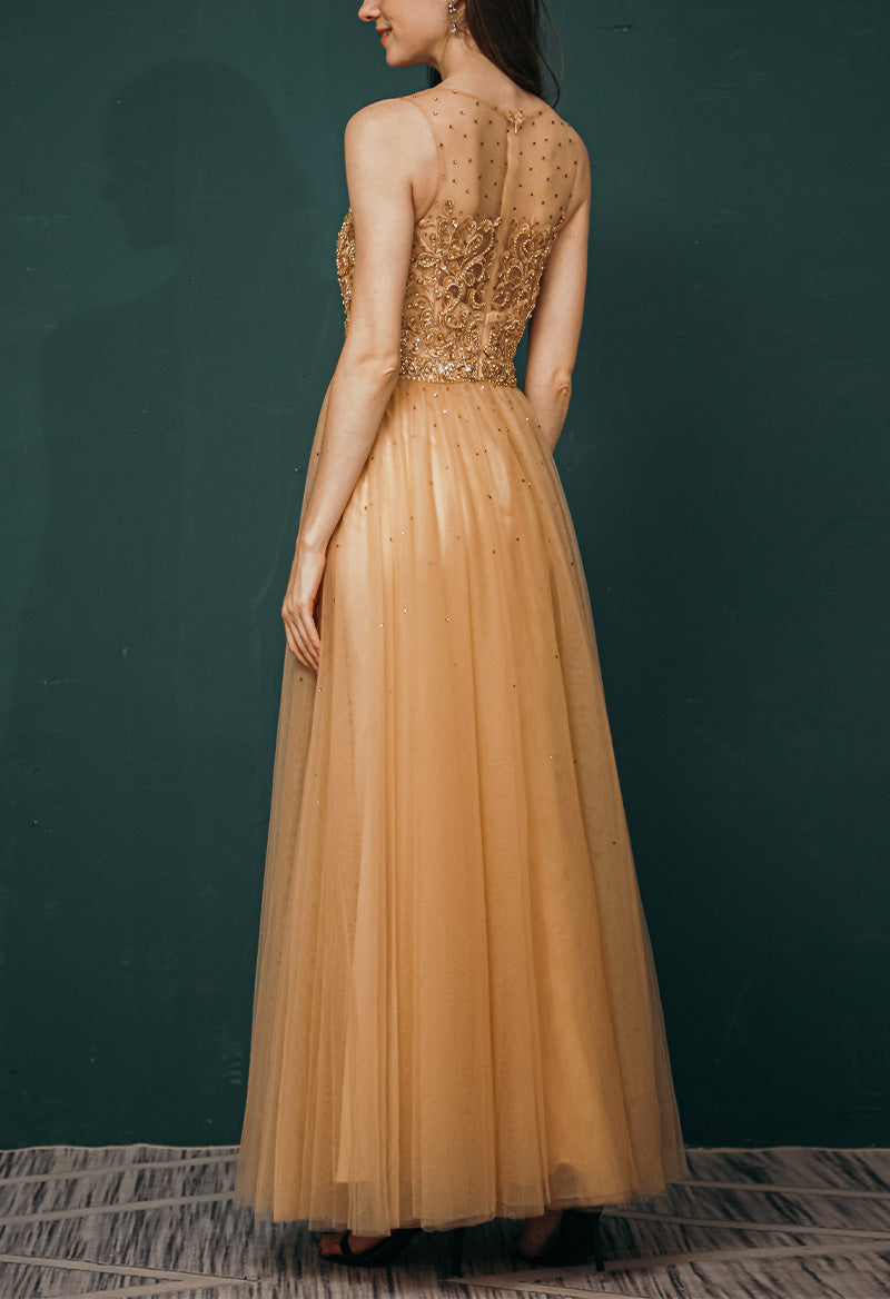 Scoop Neck Sequined Sleeveless A Line Tulle Floor Length Evening Dress