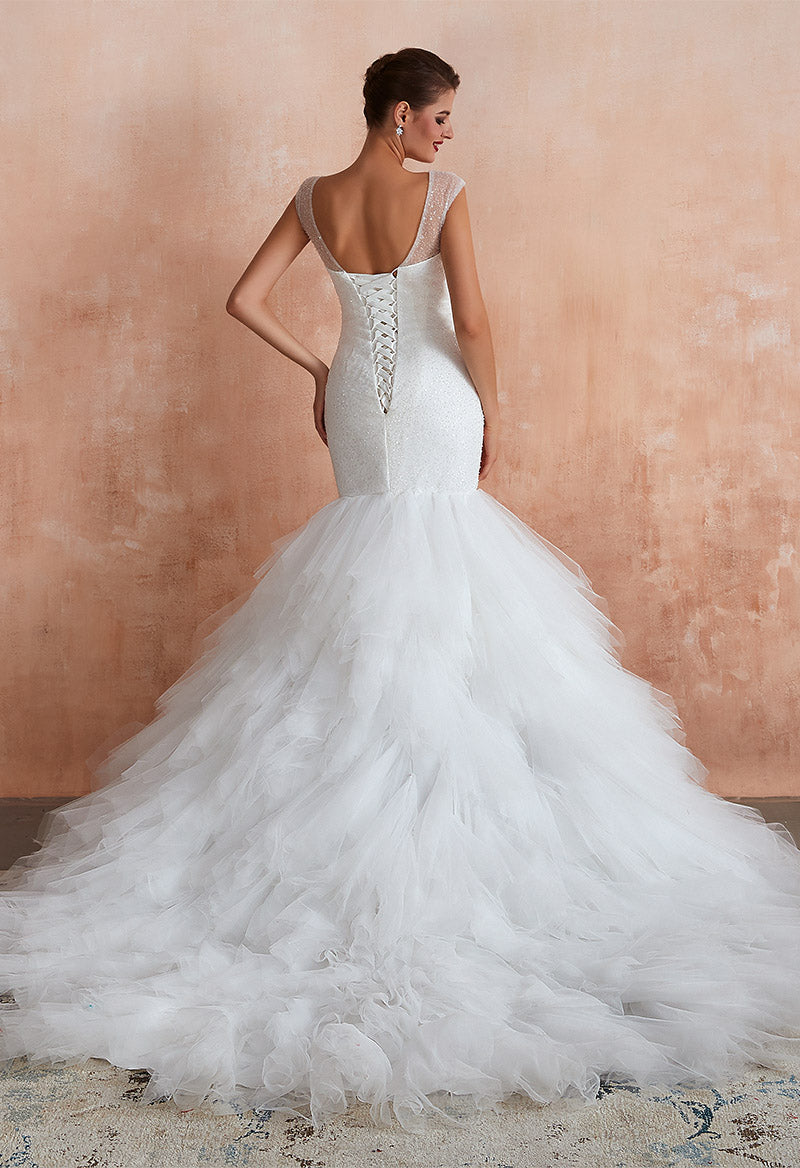 Sparkly Tulle Mermaid V Neck Sleeveless Chapel Train Wedding Dress