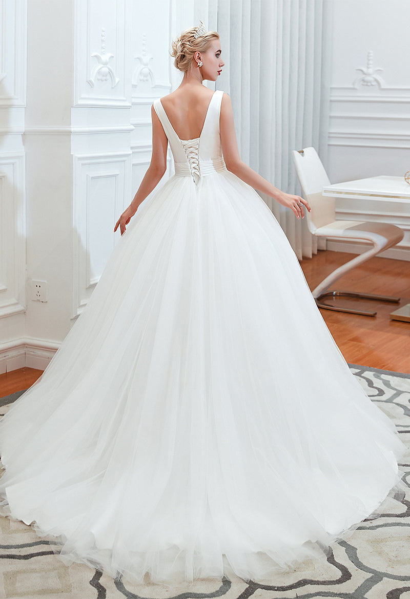 V Neck Sleeveless Ball Gown Tulle Sweep Train Wedding Dress