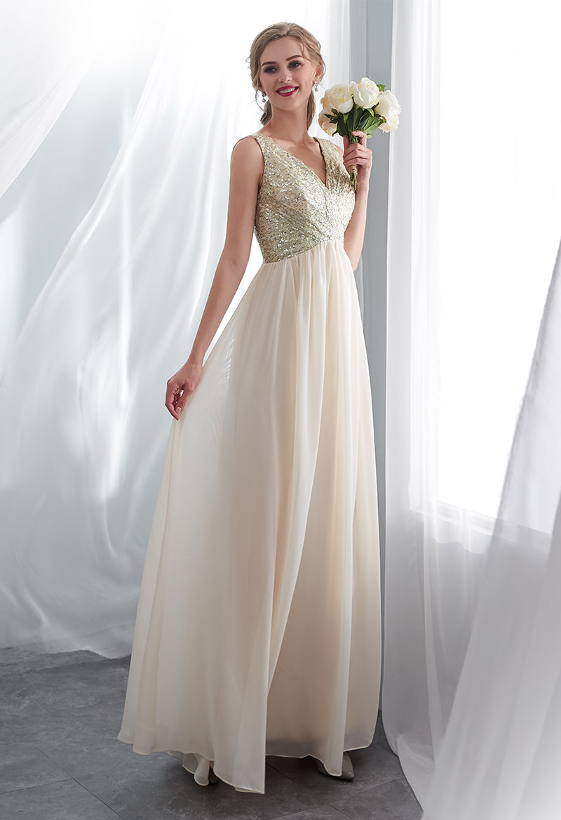 V-Neck Pleated Sequined Chiffon Sleeveless Backless Prom Dress