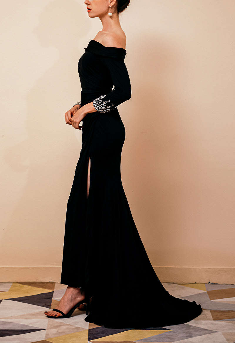 High Low Beaded Velvet Mother of the Bride Dress with Neck Slit