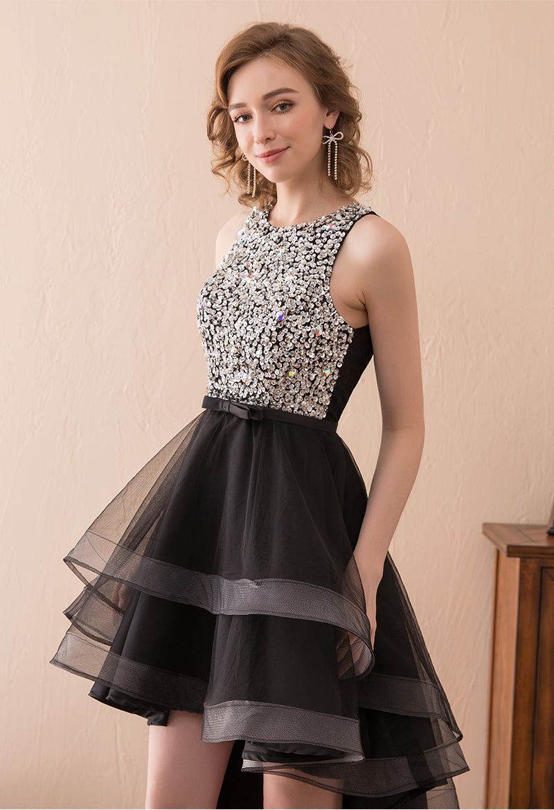 High And Low Key Hole Sequined Sleeveless Scoop Neck Cocktail Dress