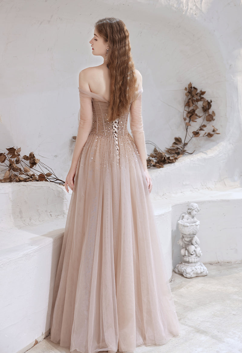 Off The Shoulder Long Sleeve Tulle Sequins A Line Floor Length Evening Dress