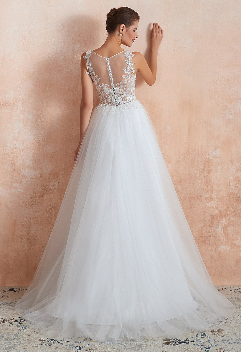 Sleeveless TulleA Line Sweep Train Wedding Dress