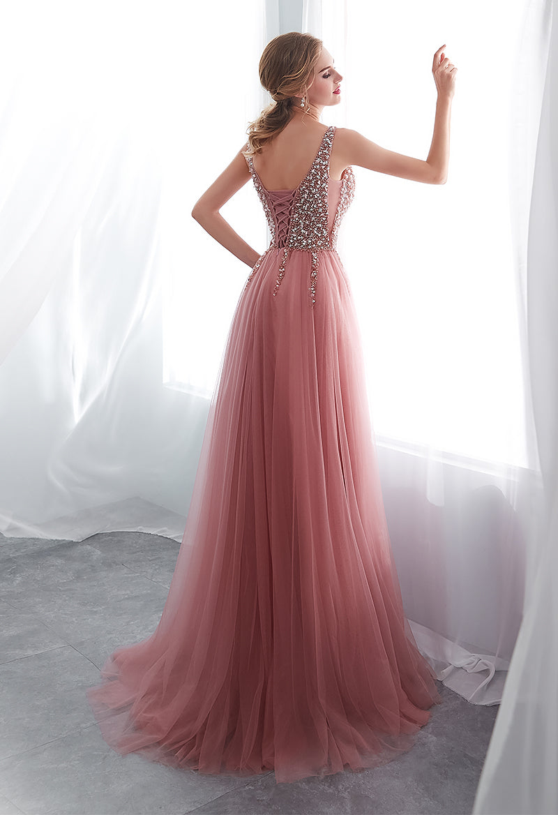 Tulle Sequin V Neck Slit Sleeveless Prom Dress