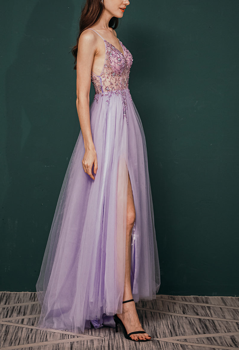 V Neck Sleeveless Tulle Sequin Beading A Line Floor Length Prom Dress