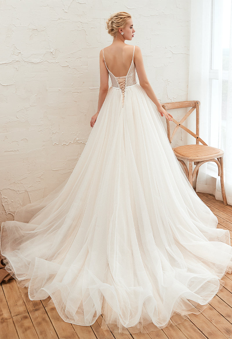 A Line Boat Neck Sleeveless Tulle Chapel Train Wedding Dress