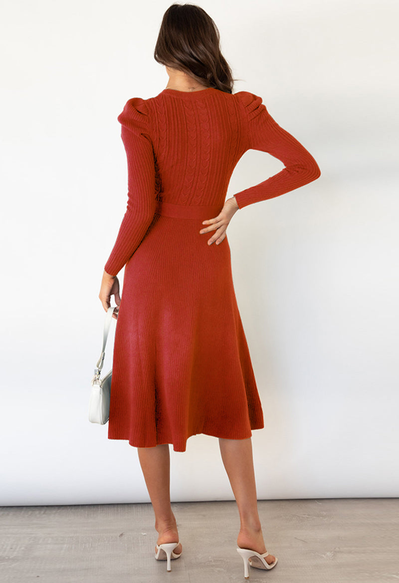 A Line Tie Long Sleeve Scoop Neck Tea Length Knit Dress