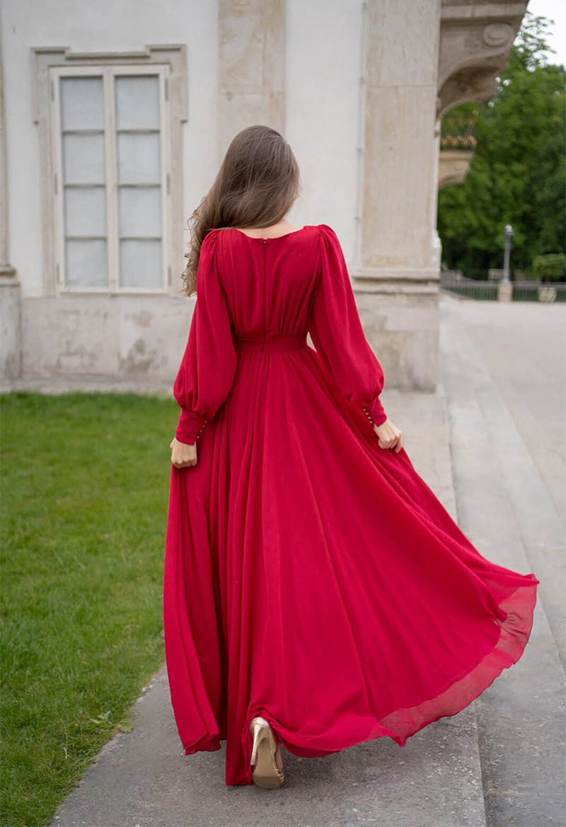 V-Neck Chiffon Pleated Lantern Sleeves A Line Floor Length Prom Dress