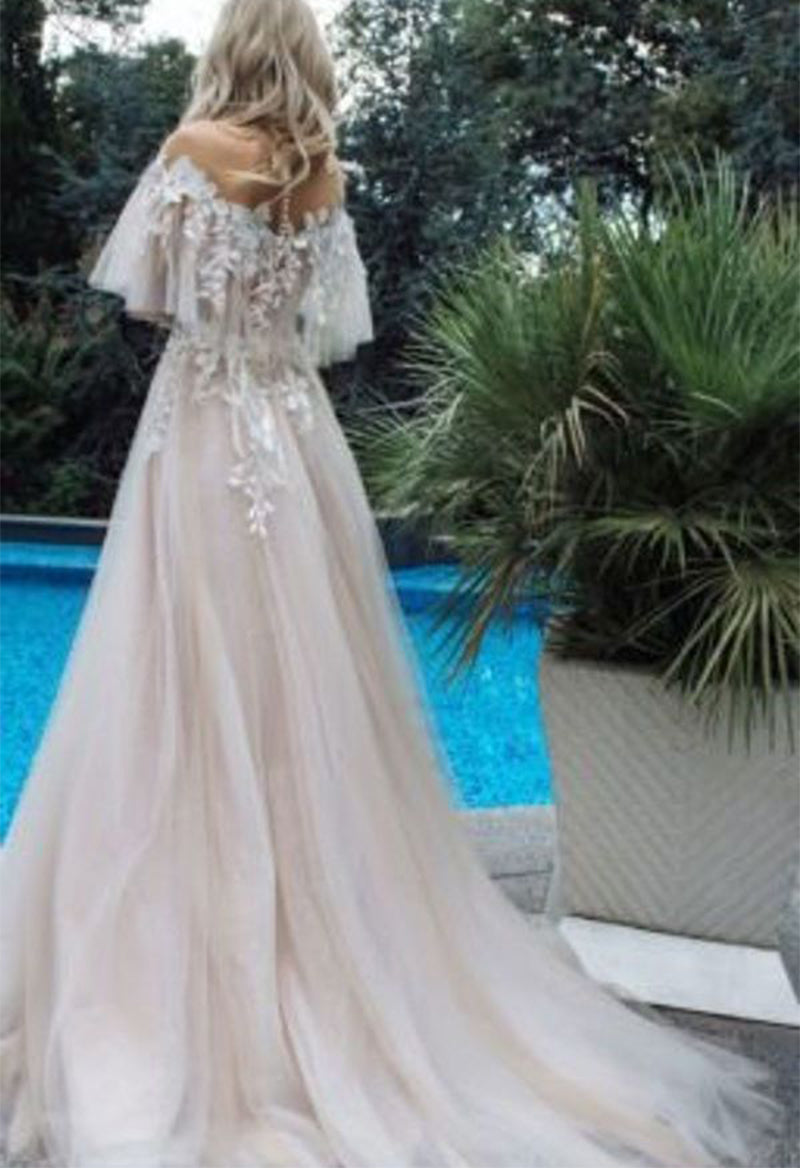 Off The Shoulder Short Sleeve Tulle Applique Court Train Wedding Dress