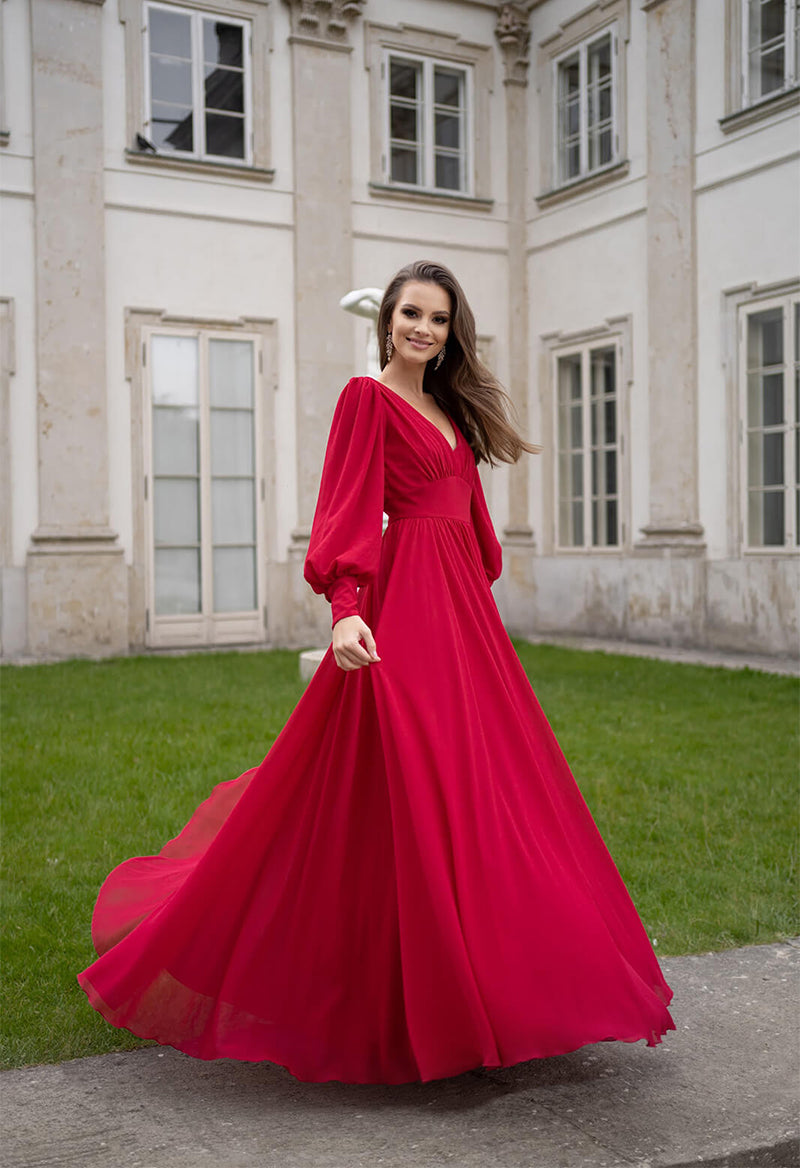 V-Neck Chiffon Pleated Lantern Sleeves A Line Floor Length Prom Dress