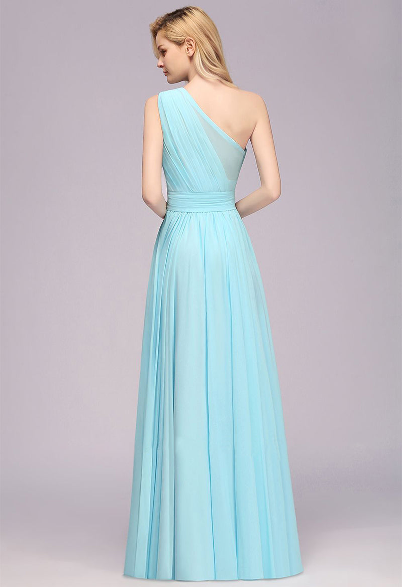 One Shoulder Chiffon Pleated Sleeveless A Line High-Low Prom Dress