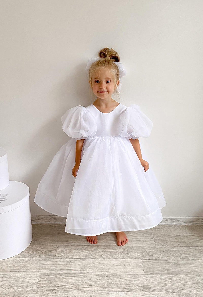 Simple Scoop Neck Puff Sleeve Tulle A Line Ankle Length Flower Girl Dress With Bow