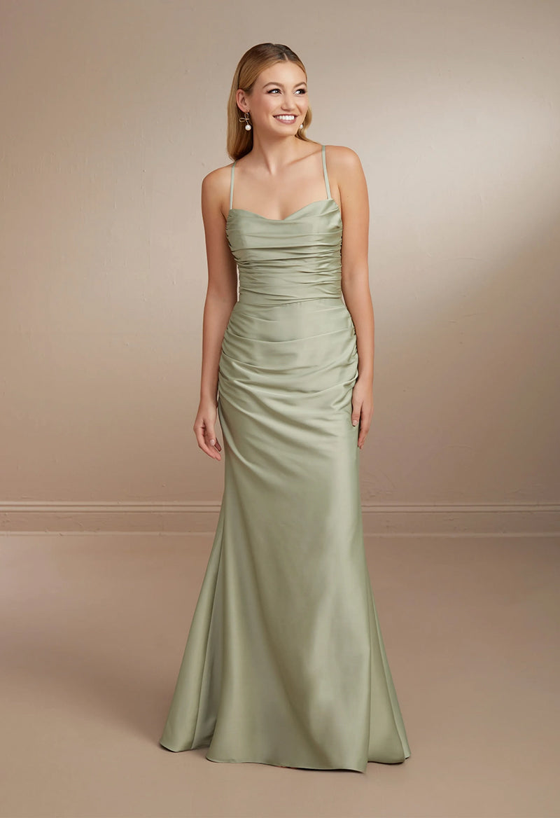 Boat Neck Strap Sleeveless Pleated Sheath Bridesmaid Dress Green