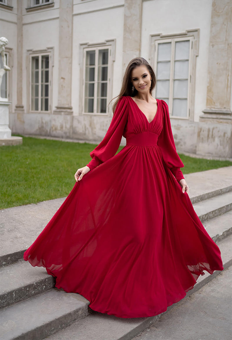 V-Neck Chiffon Pleated Lantern Sleeves A Line Floor Length Prom Dress