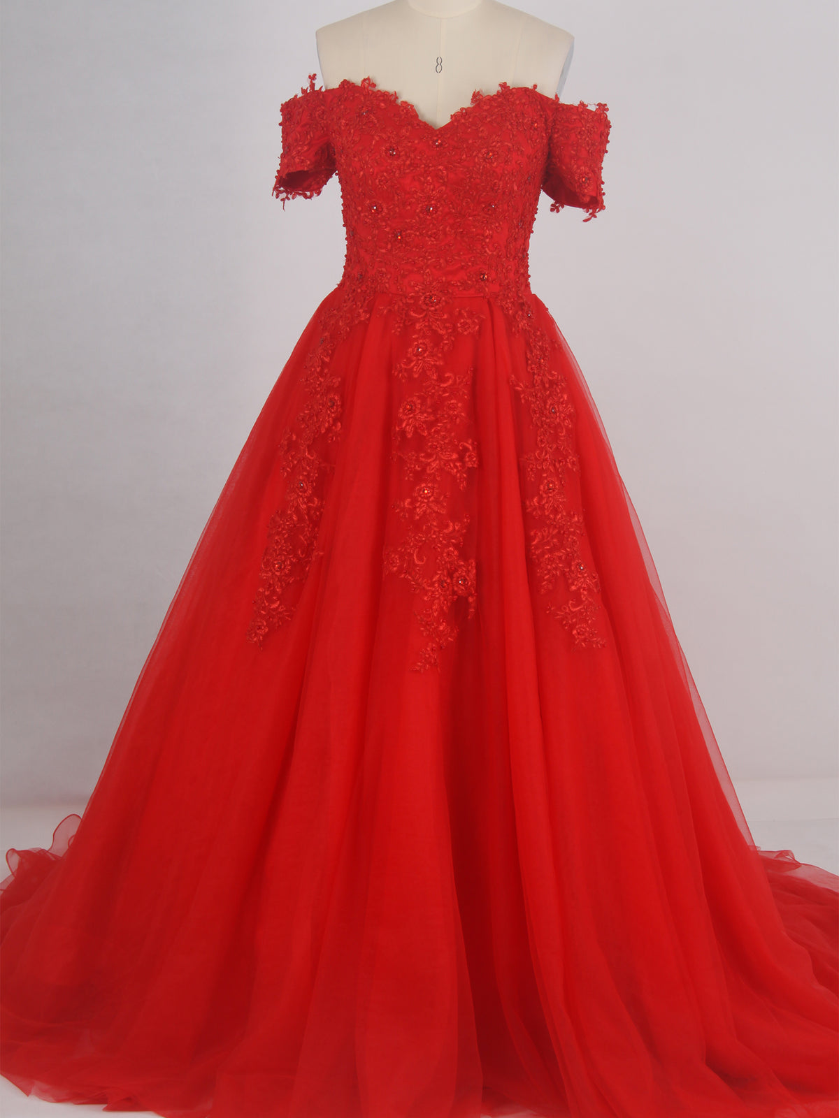 Red Lace Off-the-shoulder Appliques Evening Dress As Picture