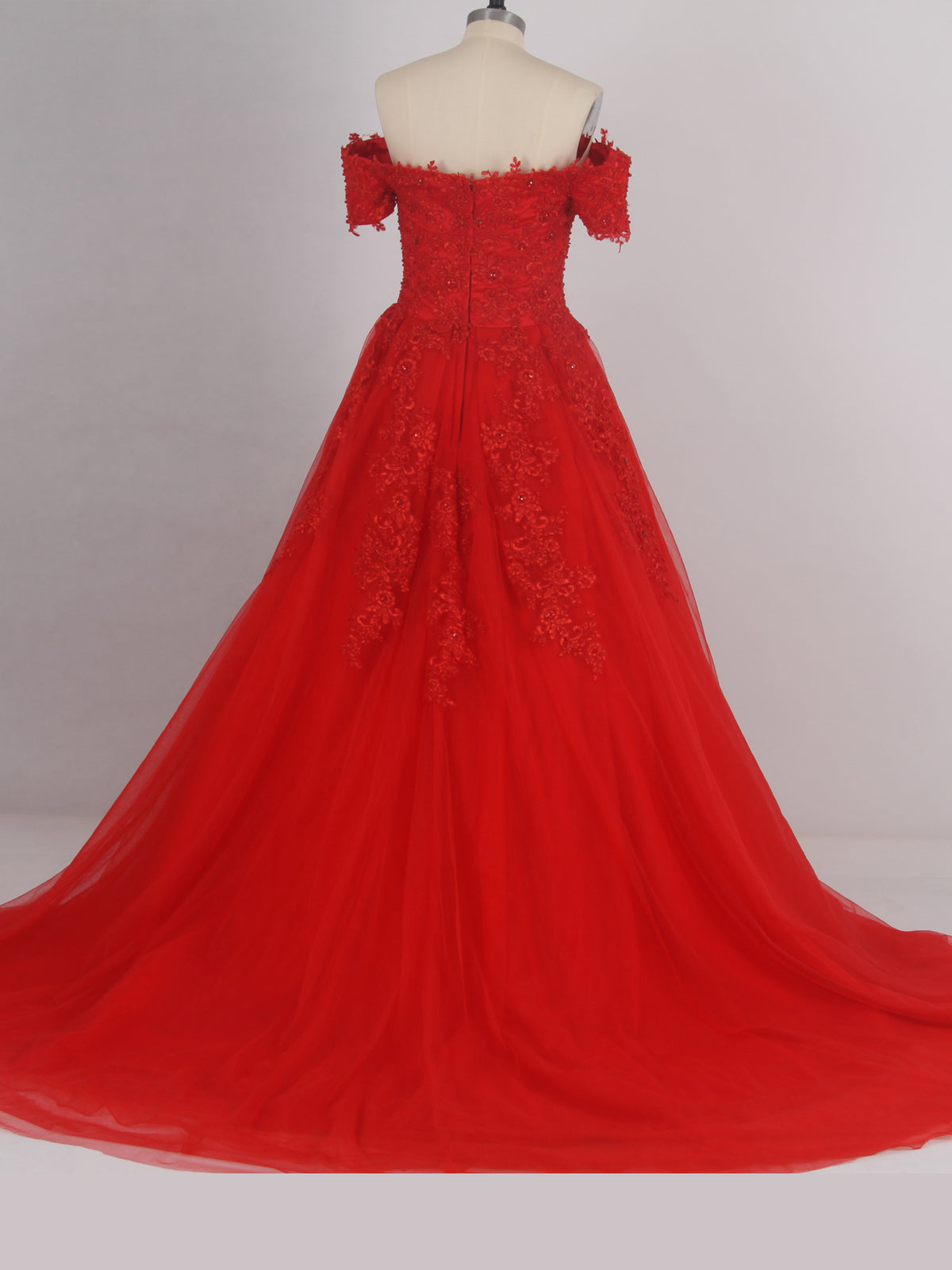 Red Lace Off-the-shoulder Appliques Evening Dress