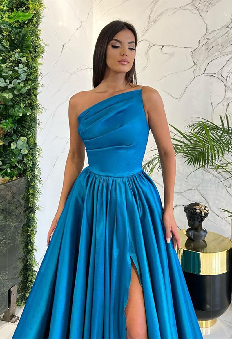 One Shoulder Slit Sleeveless Pleated A Line Court Train Evening Dress