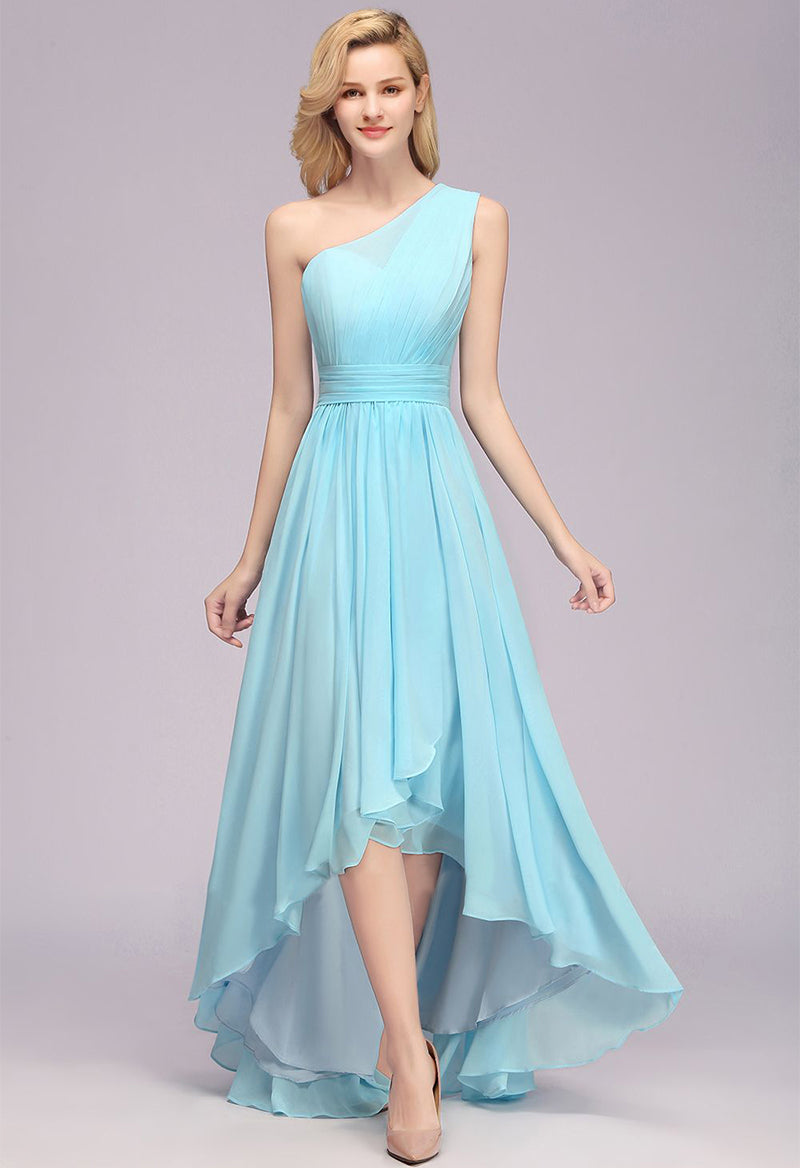 One Shoulder Chiffon Pleated Sleeveless A Line High-Low Prom Dress