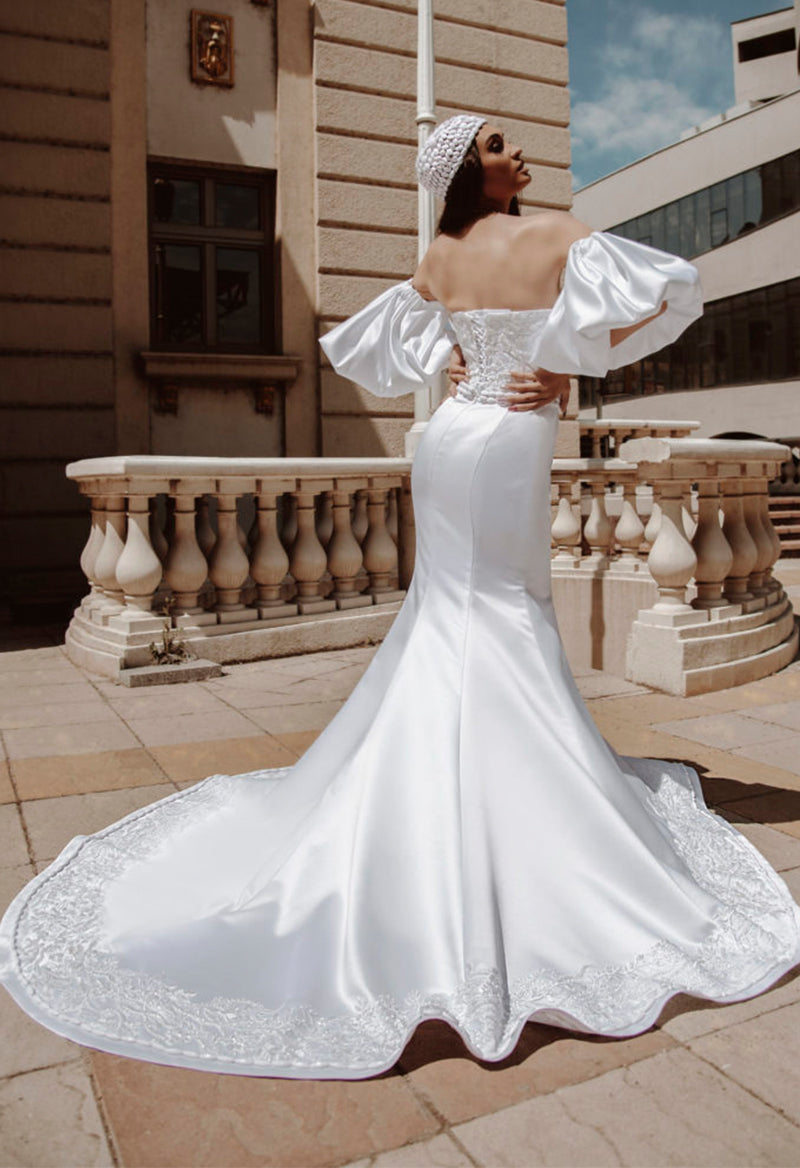 Removable Sleeves Crep Mermaid Off The Shoulder Chapel Train Wedding Dress