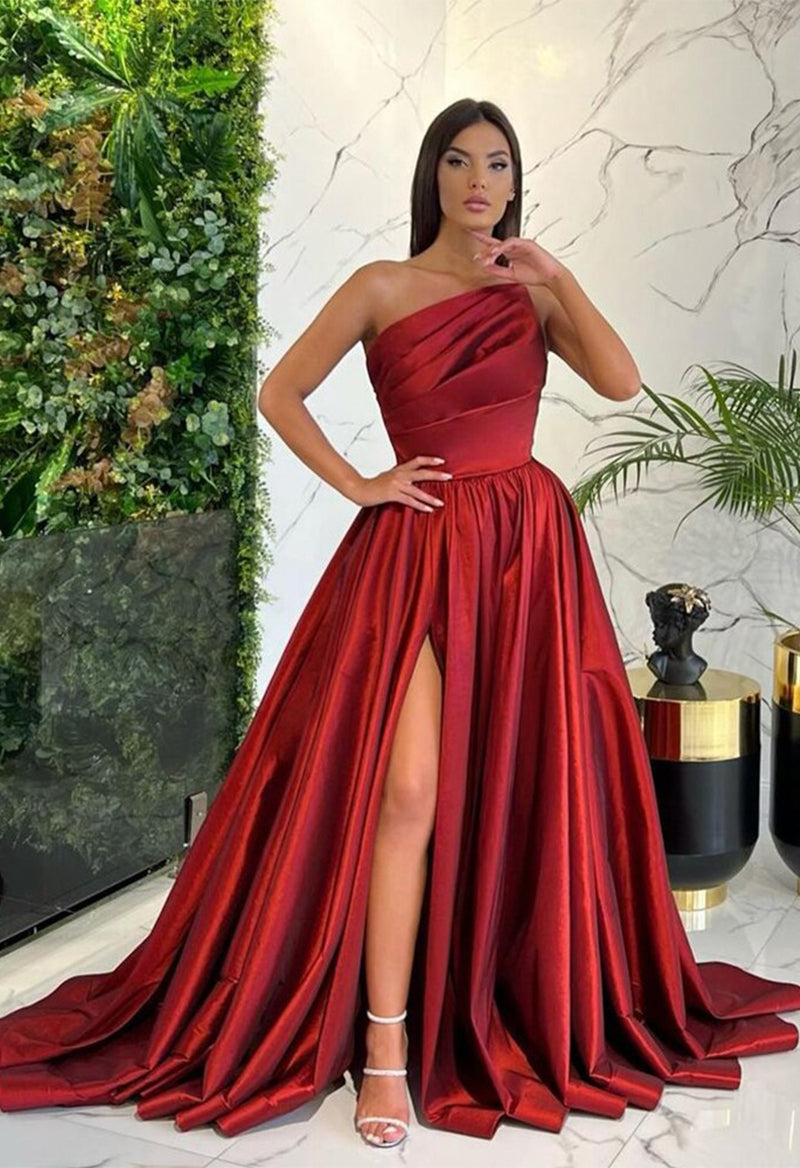 One Shoulder Slit Sleeveless Pleated A Line Court Train Evening Dress Wine Red