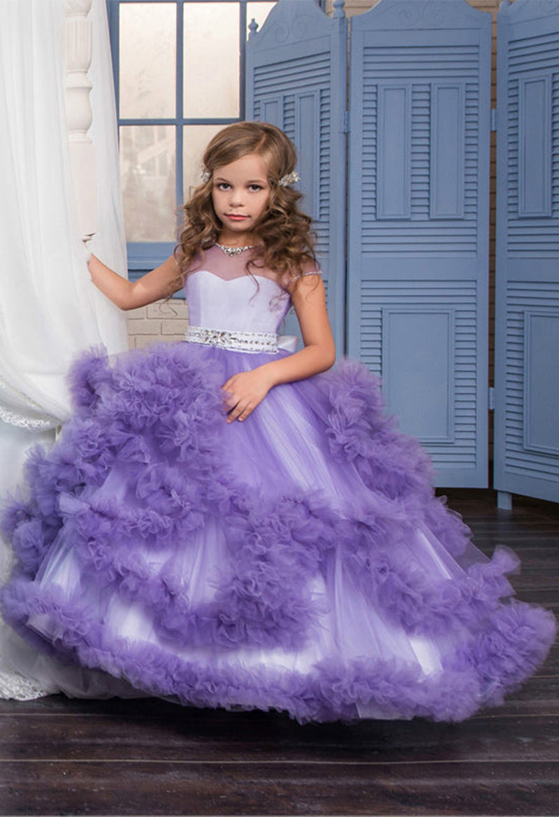 Illusion Neck Short Sleeve Puffy Tulle Belt Princess Floor Length Flower Girl Dress Purple