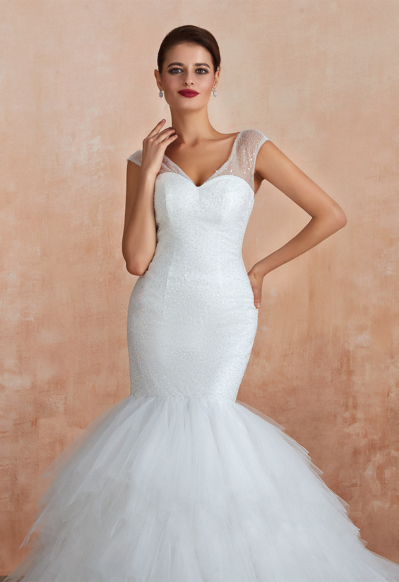 Sparkly Tulle Mermaid V Neck Sleeveless Chapel Train Wedding Dress