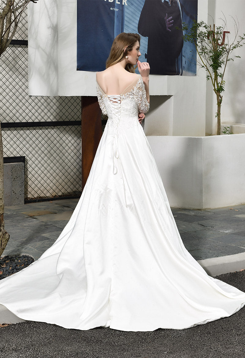 Scoop Neck Half Sleeve Court Train A Line Wedding Dress