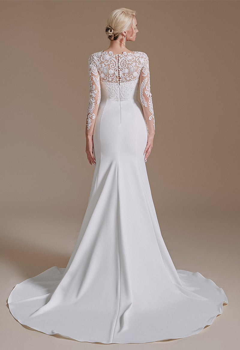 Long Sleeve Jewel Neck Crep Chapel Train Wedding Dress