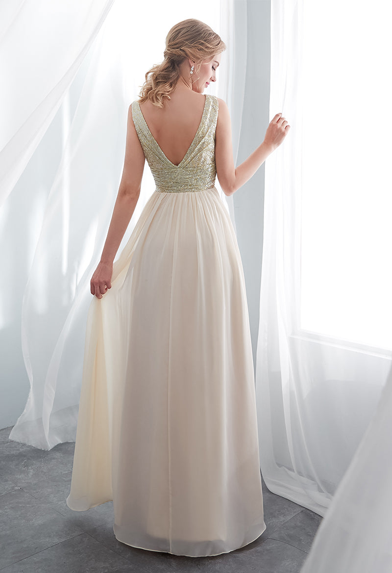 V-Neck Pleated Sequined Chiffon Sleeveless Backless Prom Dress