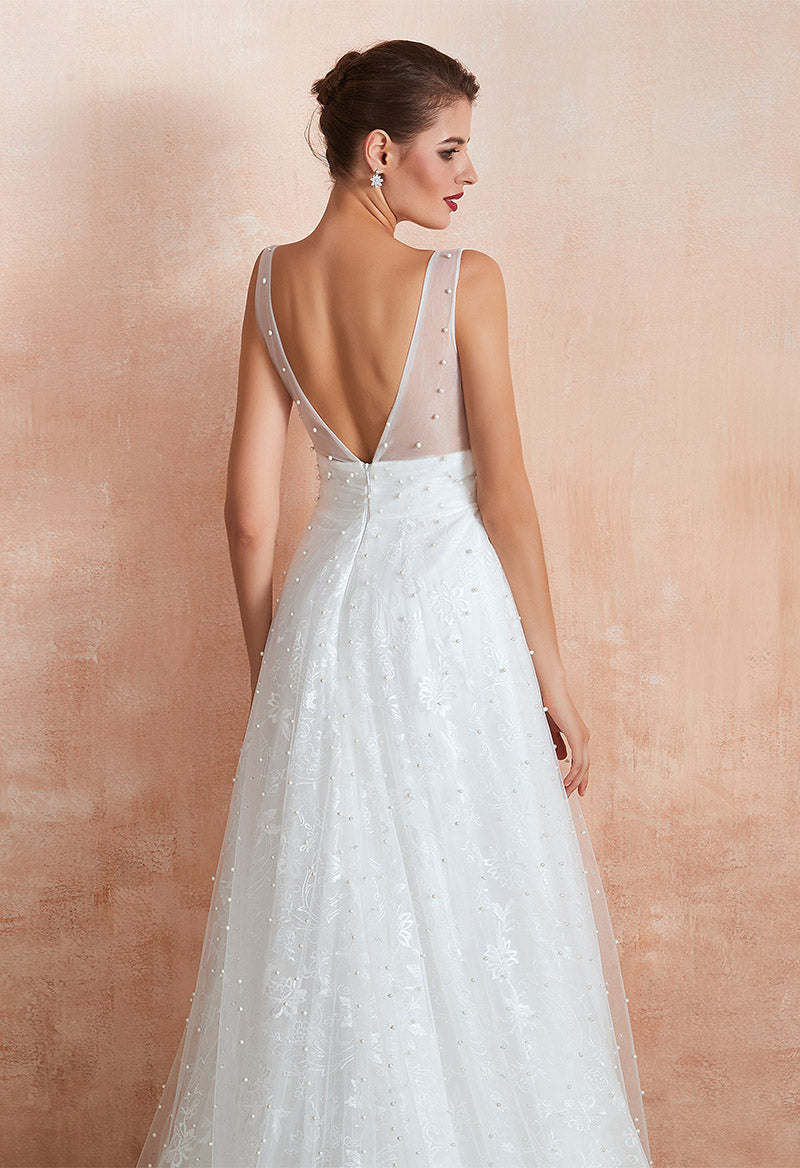 V Neck Sleeveless A Line Tulle Satin Beaded Sweep Train Wedding Dress