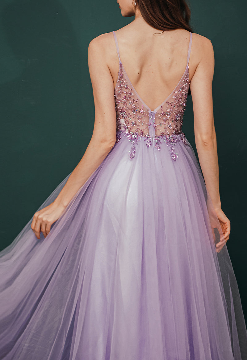 V Neck Sleeveless Tulle Sequin Beading A Line Floor Length Prom Dress