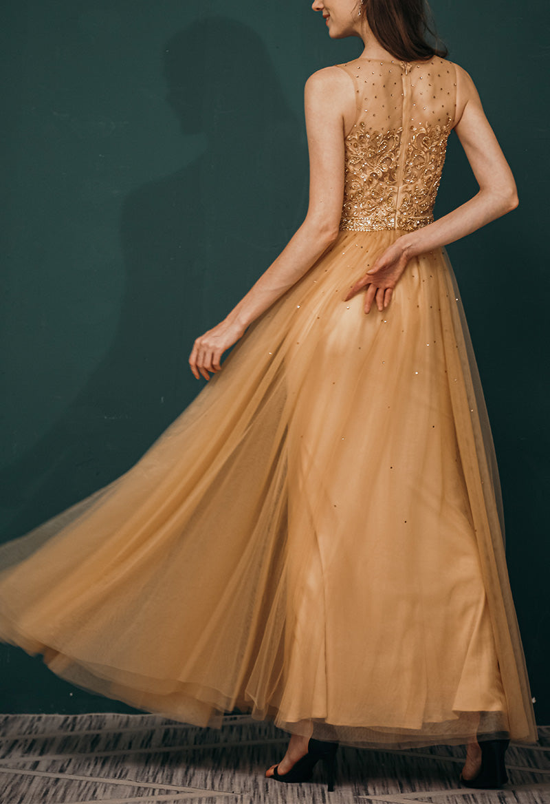 Scoop Neck Sequined Sleeveless A Line Tulle Floor Length Evening Dress