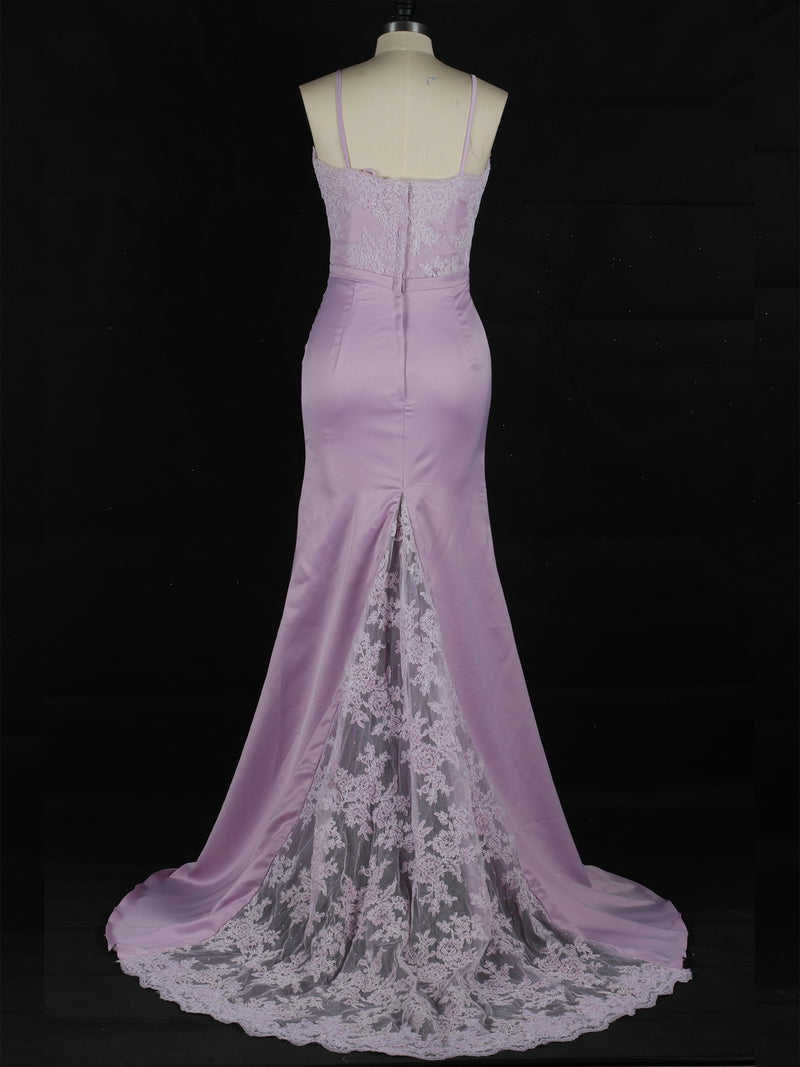 Lilac Spaghetti Strap Lace Insert Prom Dress