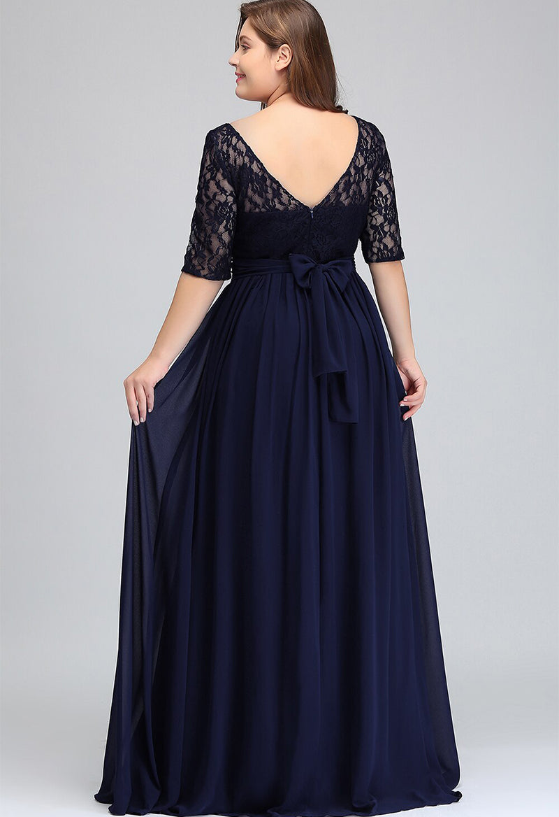 Scoop Neck Half Sleeve Belt Chiffon A Line Floor Length Mother Of The Bride Dress