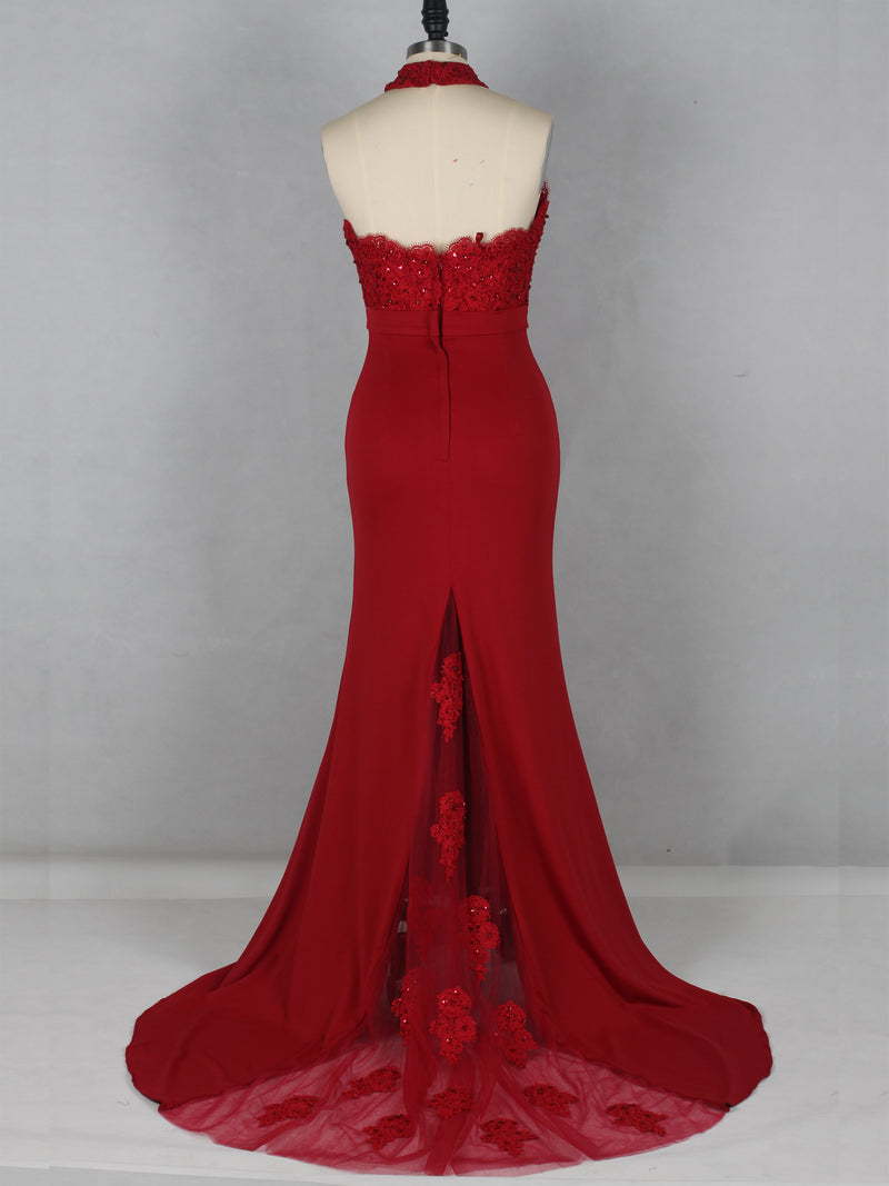 Red Halter Lace Insert Fit Prom Dress with Beads