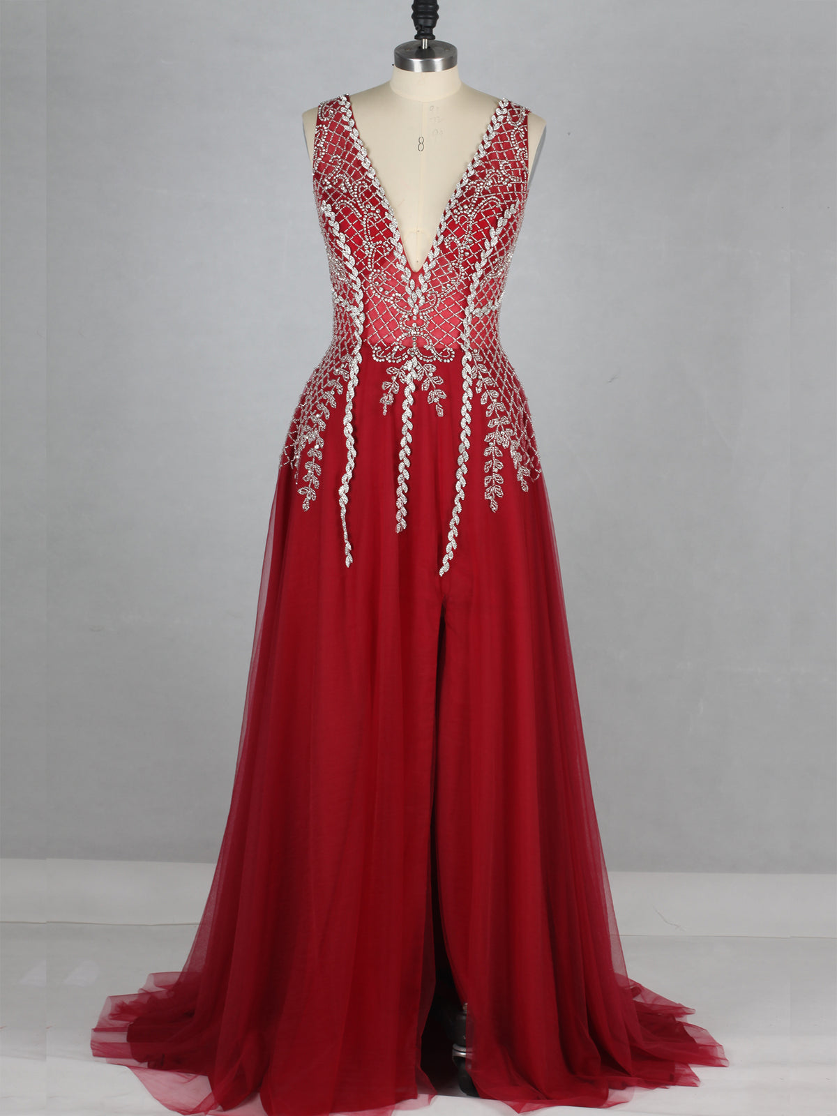 Red Split Plunging Neckline Heavy Beading Evening Dress As Picture