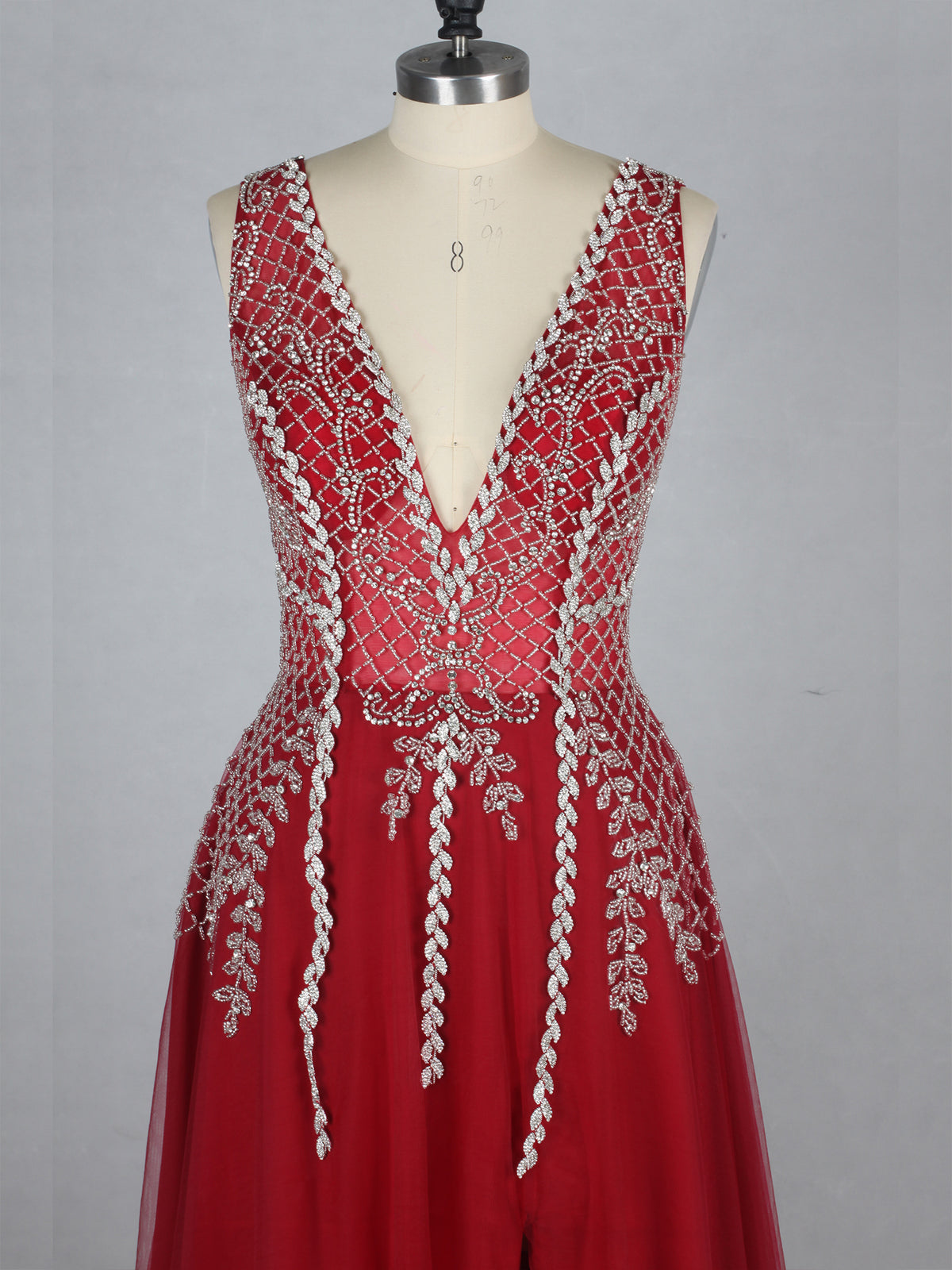 Red Split Plunging Neckline Heavy Beading Evening Dress